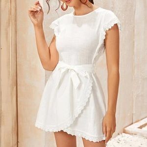 NEW Embroidered belted mock wrap mini dress